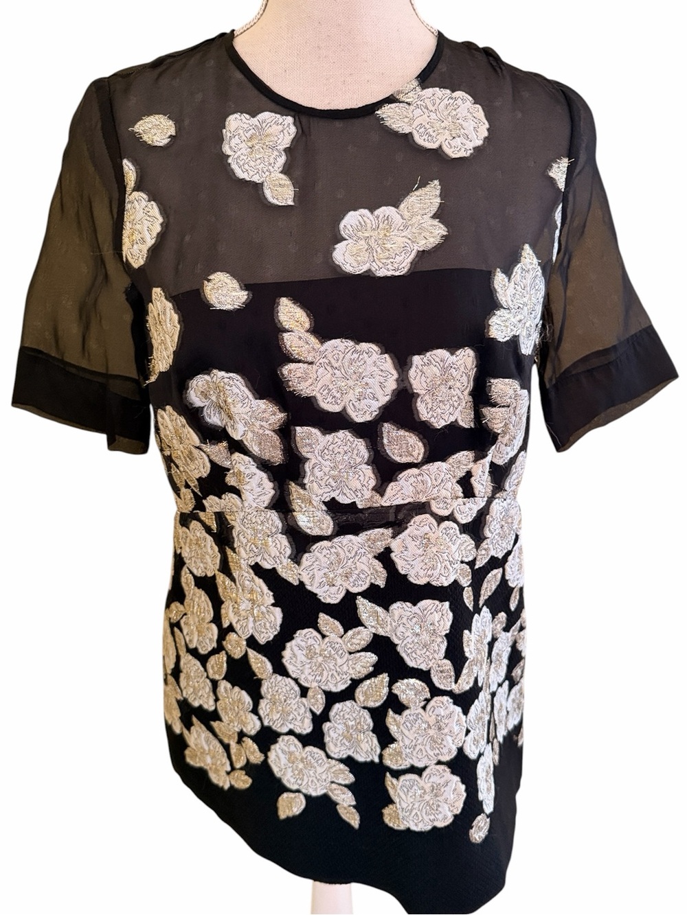 Lela Rose Black Sheer Short Sleeve Blouse with Silver Floral Appliqué 4